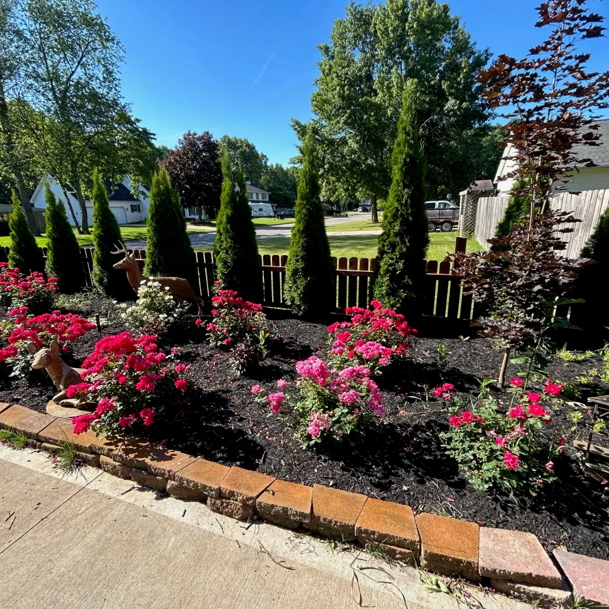 A beautifully planted flower bed with red and pink blooms