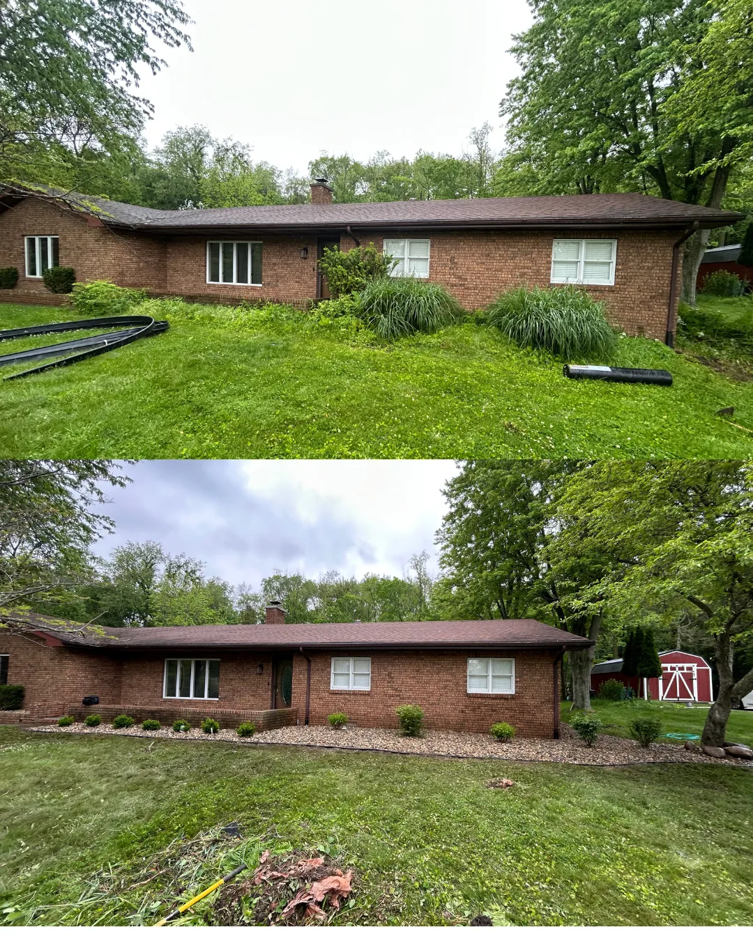 After: refreshed stone beds and neatly spaced shrubs at the same home